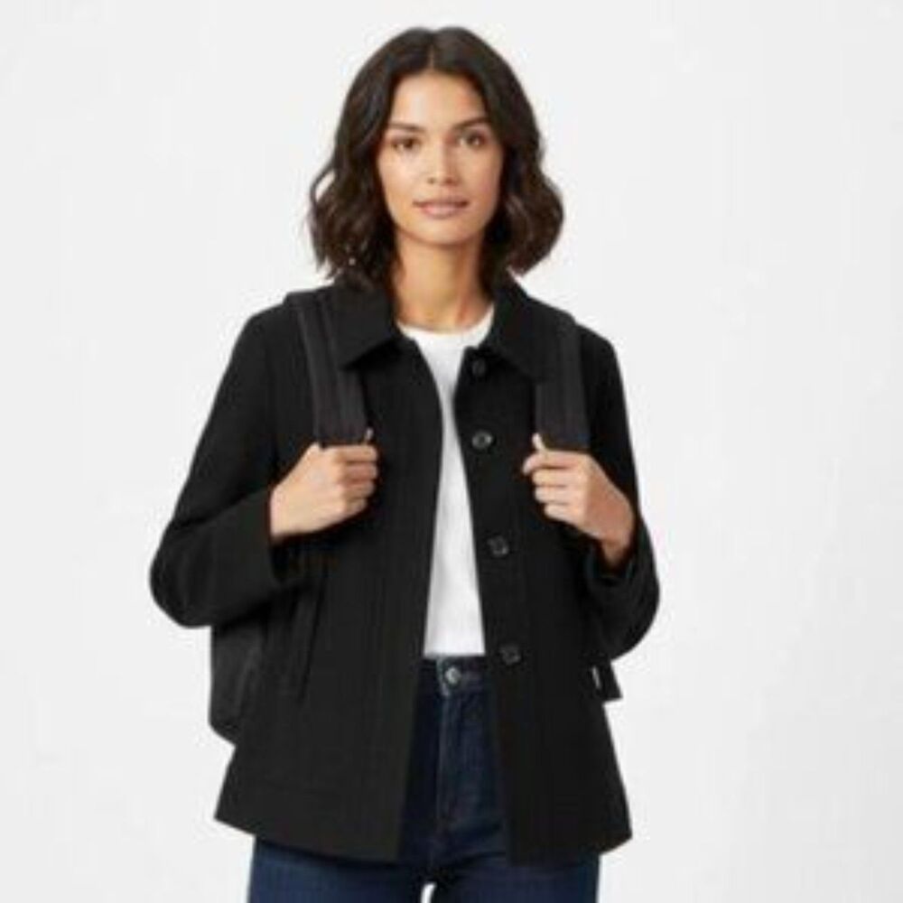Anne Klein Black Wool Blend Cropped Long Sleeve Winter Pea Coat PL